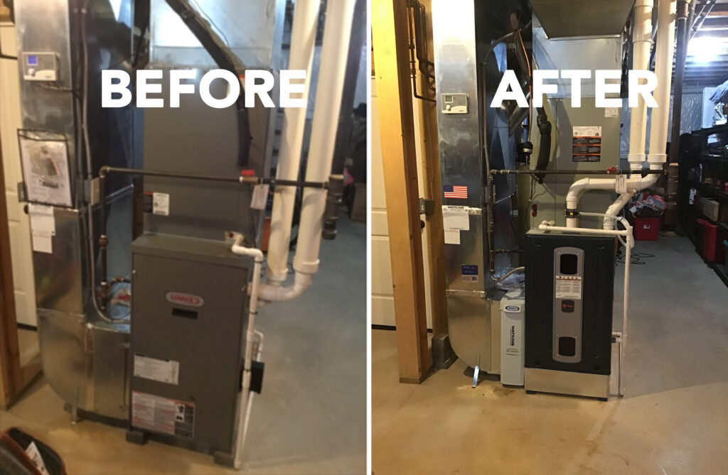 Old Lennox furnace and New Trane furnace before and after replacement