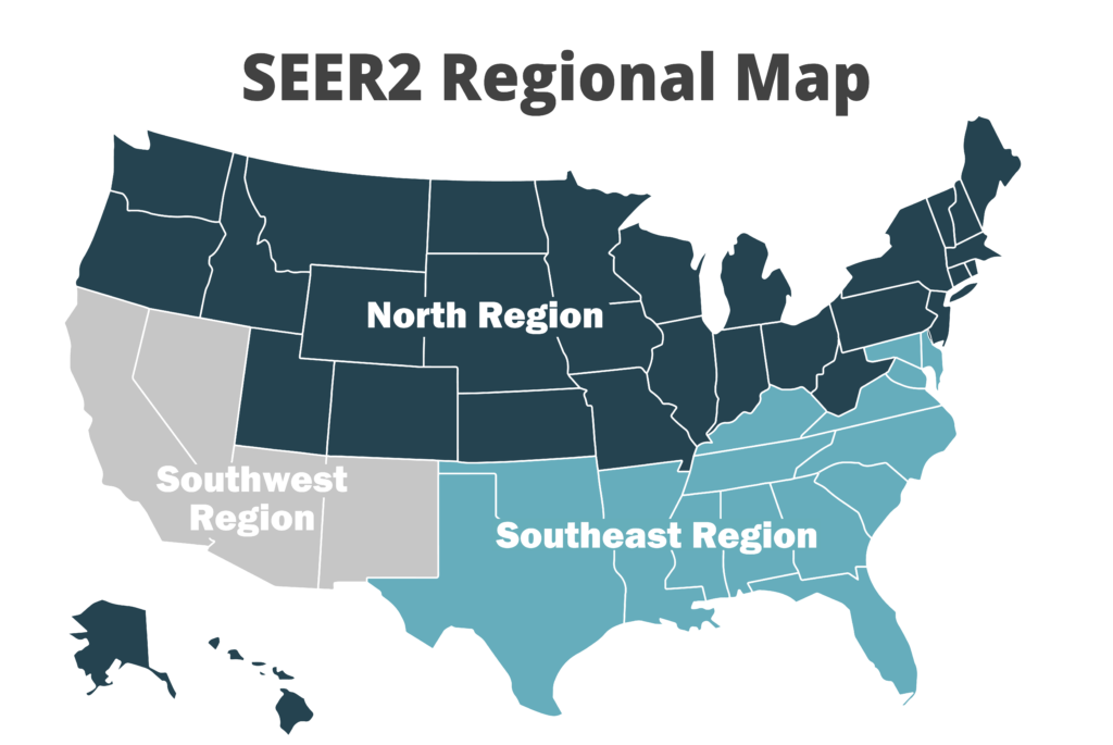 SEER2 regional map showing North, Southwest and Southeast regions