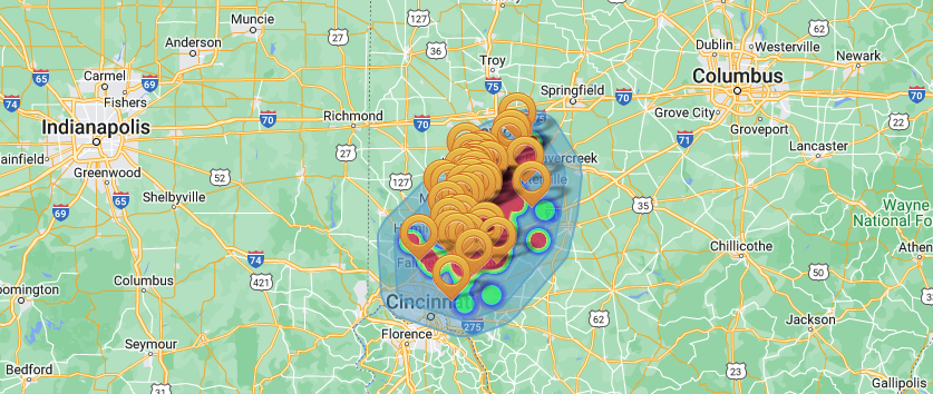 Map showing Watkins Heating & Cooling's Southwestern Ohio customer locations