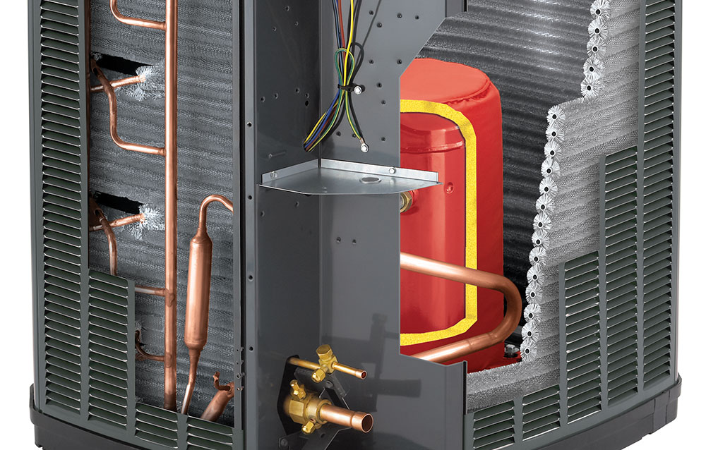 Cutaway view of Trane heat pump air conditioner showing spine fin condenser coil