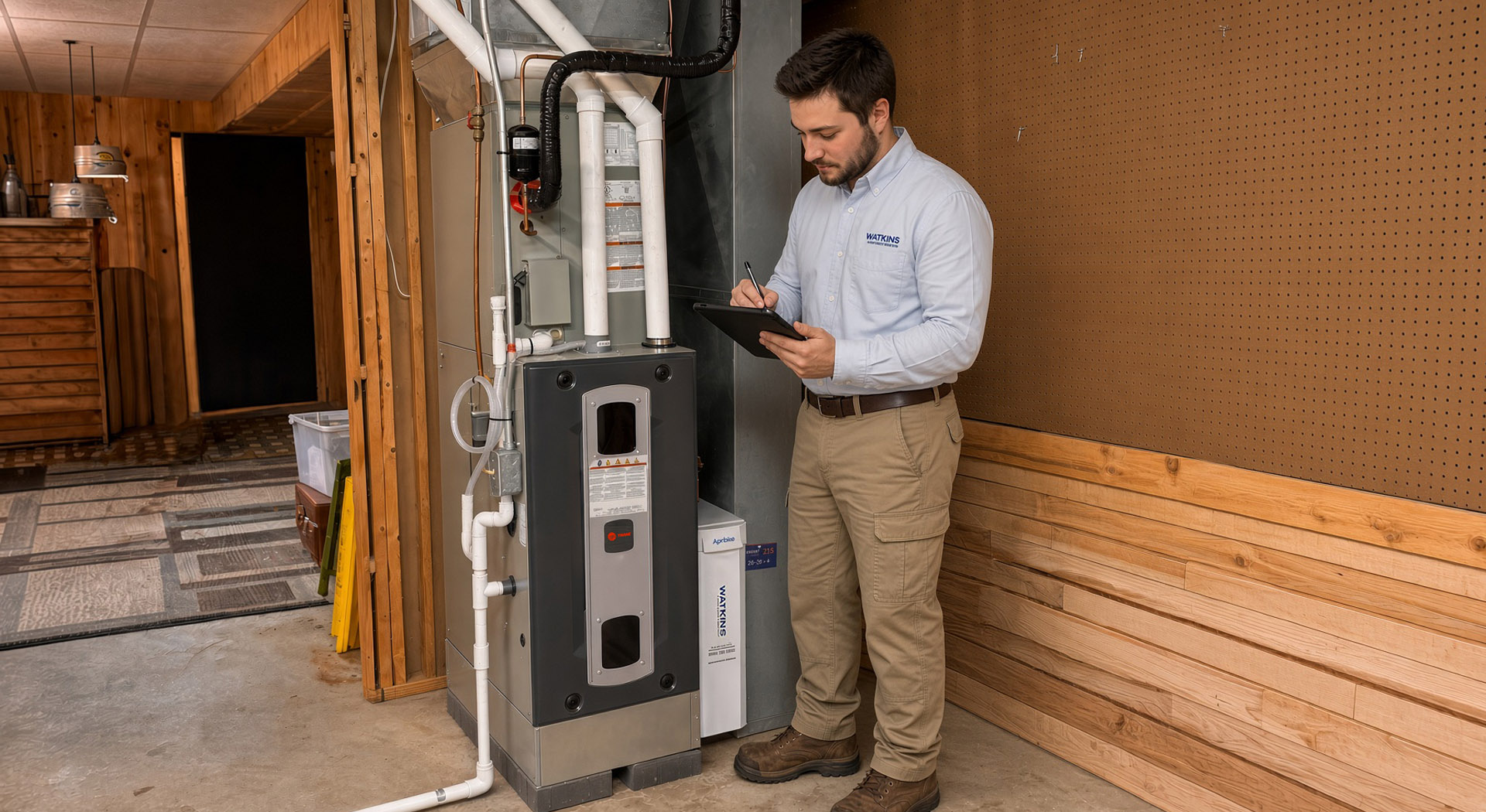 Watkins Installer Inspects New Trane Furnace